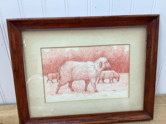Vintage Drawing Sheep Grazing in Field Signed Colored Red Tone Pencil Wood Frame
