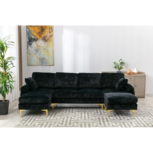 L-Shape Black Modular Sectional Sofa with Ottoman