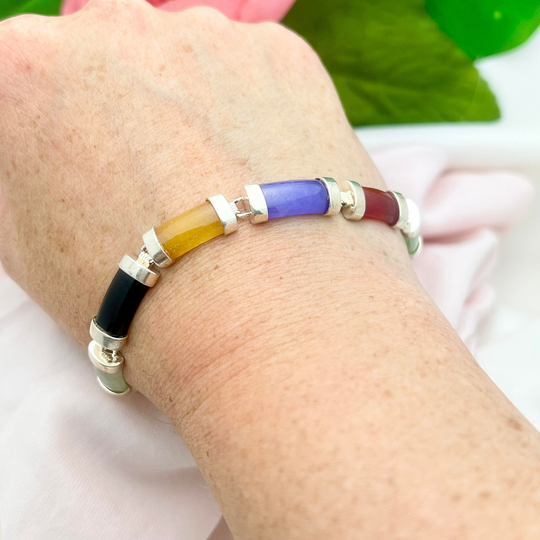 Silver Multi-Colored Jade Bracelet-sterling-9 Links-Natural-7'' Length-7mm Wide-Vintage, Estate-Beautiful Colors-standard Wrist-Unique