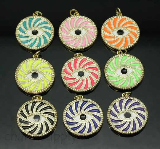 Gold Enamel Swirly Color Block Cz Evil Eye Pendant, 25mm, Eye Guardian, 9 Colors, 1 Pc Or 10 Pieces, Wholesale