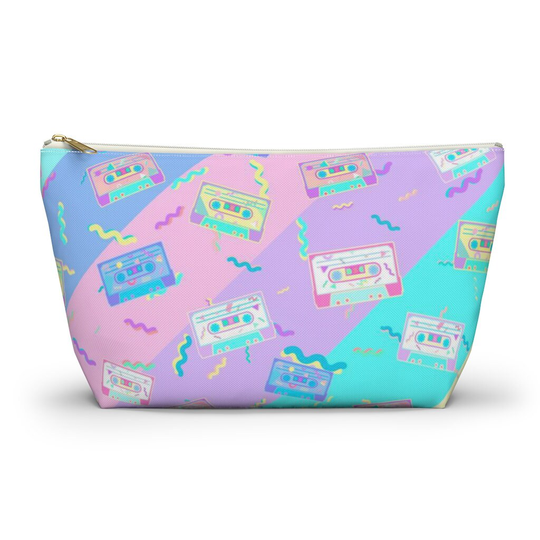 Retro Stripes & Cassette Tapes Pouch, Cosmetic Bag, Pencil Case