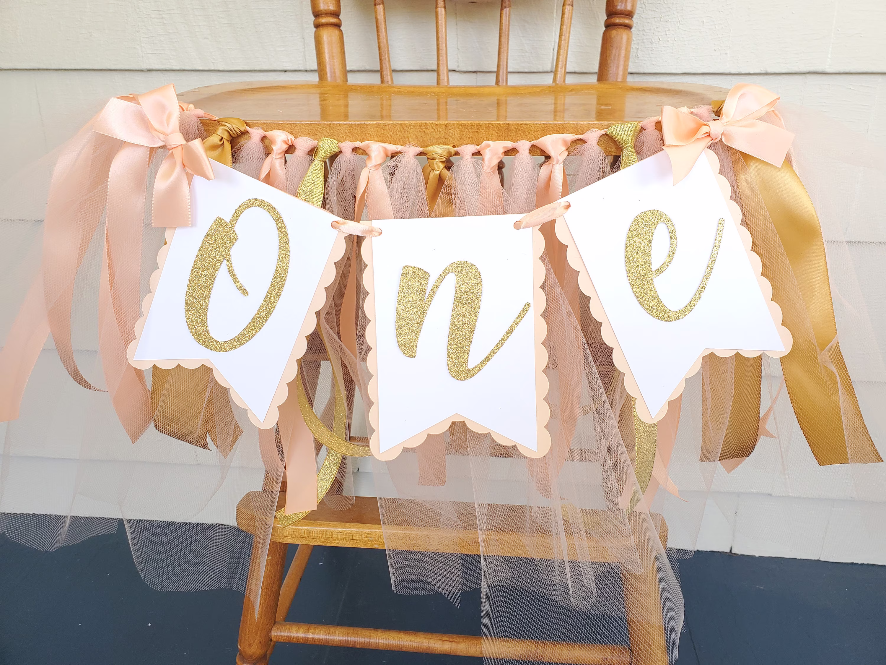 Peach & Gold High Chair Banner. One Banner. First Birthday Garland. Party Decorations. Tulle Ribbon. Fully Assembled