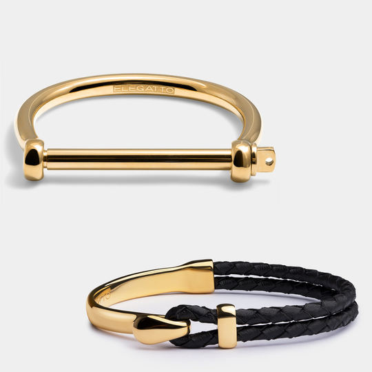 Bangle Bracelet For Men, Boyfriend Set, Mens Leather Bracelet, Gold Husband Anniversary Gift Him