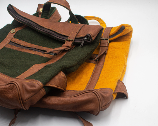 38x43 cm Felt Bag in Green & Yellow Color With Leather Zipper Spacious Pack Pattern Ethically Handmade