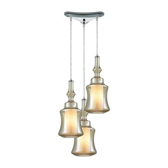 Alora 3-Light Triangular Pendant Fixture in Chrome with Champagne-plated and Opal White Glass