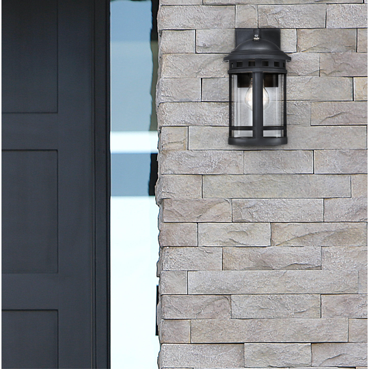 Westinghouse Lighting Belon One Light Outdoor Wall Fixture with Dusk to Dawn Sensor, Black Finish, Clear Glass - 1-Light