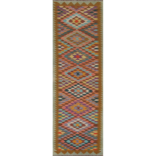 Southwestern Kilim Runner Rug Multi-Color Hand-Woven Wool Carpet - 2'9" x 10'0"