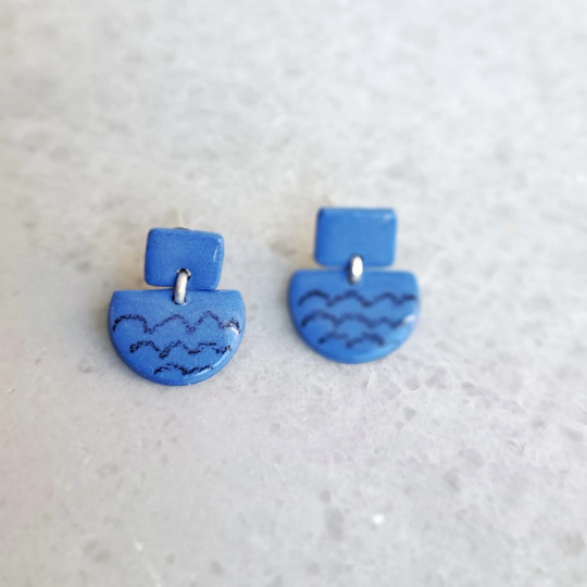 Scribbled Pattern Blue Porcelain Geometric Dangle Earrings, Pencil Drawing On