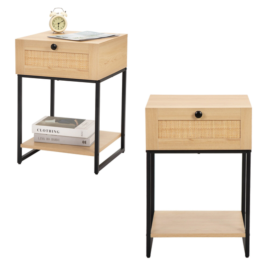 Nightstand with Rattan Drawer, End Table with Bottom Shelf, 2 PCS