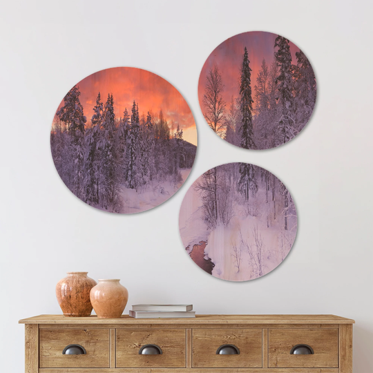 Designart 'Finnish Lapland Trees in Winter' Landscape Wood Wall Art Set of 3 Circles - Multi-Color