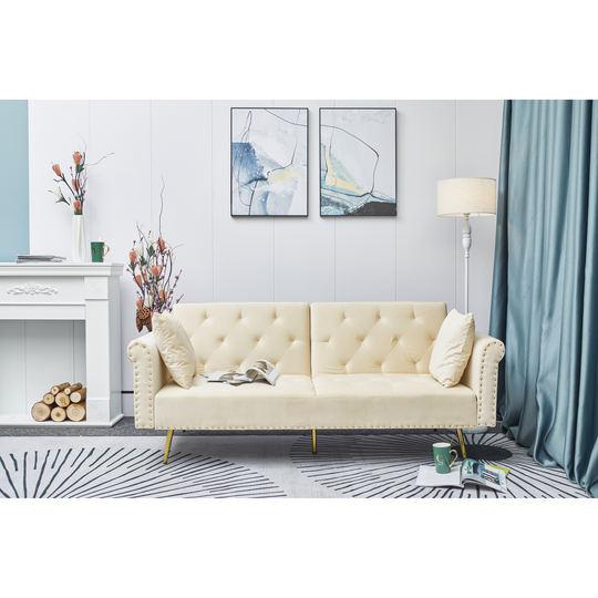 EYIW Beige velvet nail head sofa bed Loveseat Sofa with throw pillow and midfoot for Living Room home