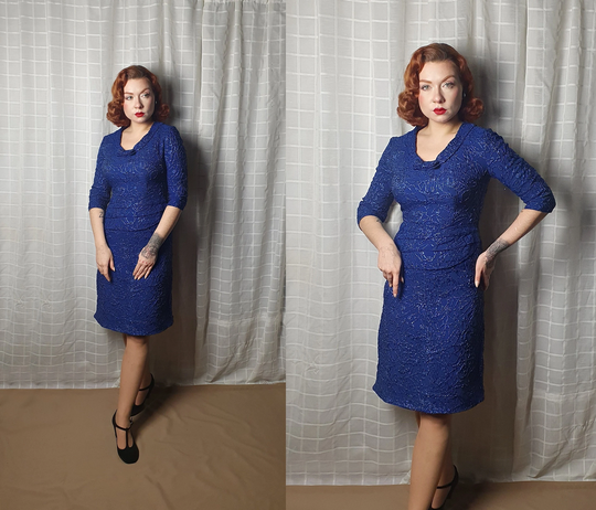 Vintage 1950S 1960S Dark Royal Blue Shiny Halfsleeve Wiggle Dress - 80S Does 50S Sultry Evening Pencil -Uk8-12