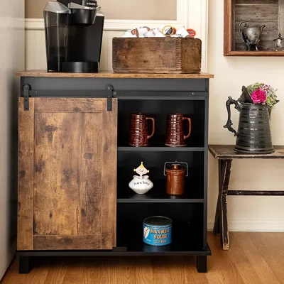 Industrial Sideboard Buffet Storage Cabinet With Wine Rack, Sliding Barn Door