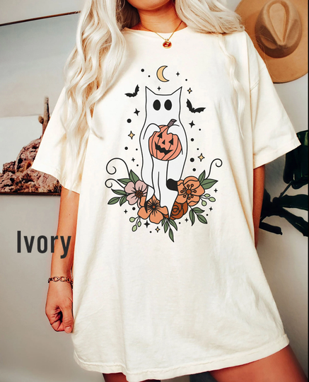 Comfort Colors® Floral Ghost Cat Halloween T-Shirt, Ghost Cat Design, Iprintasty Halloween