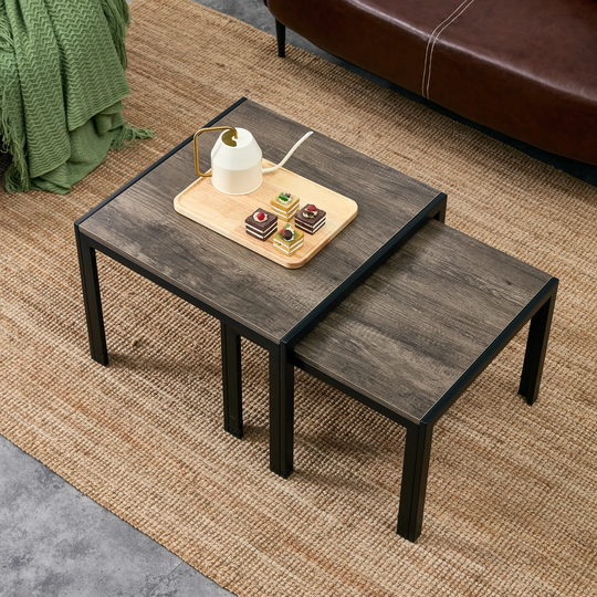 Nesting Coffee Table Set of 2, Square Modern Stacking Table with Wood Finish for Living Room