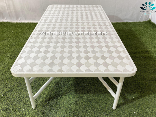 Dinning Mosaic Table 100% Handcrafted For Indoor & Outdoor, Scale Fish Design White