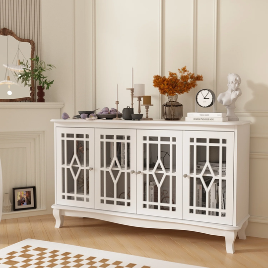 Timechee Sideboard Cupboard Glass Door Lacquer Curved Desktop Buffet - 55.1"W