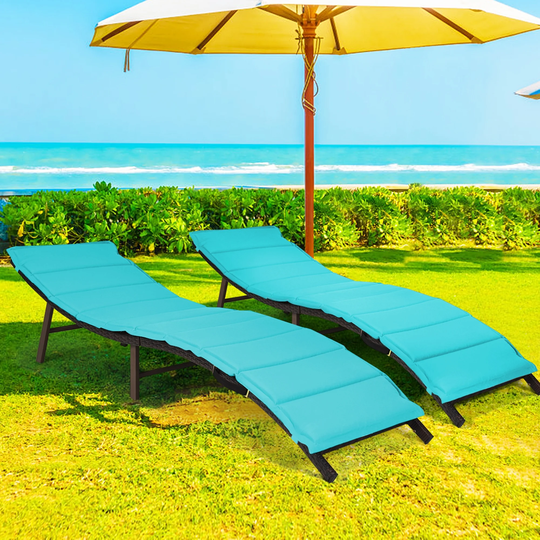 Gymax Set of 2 Folding Wicker Chaise Portable Lounge Chair w/ - 81''x 23.5''x 20''