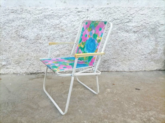 Vintage Picnic Chair/ Camping Lerolin Italian Canvas Metal Compact Colourful Folding 70S/ Italy