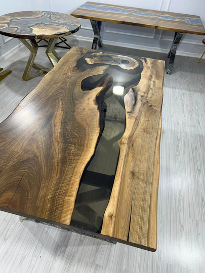 Walnut Dining Table, Epoxy Custom 78" X 42" Smoke Gray River Order For Christine