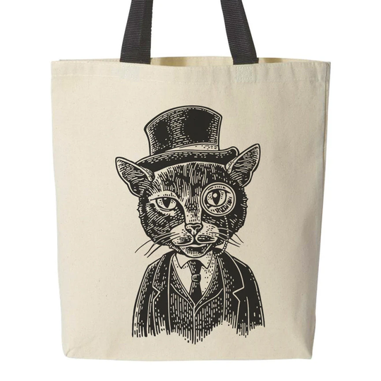 Dapper Cat in Hat Canvas Tote Bag, Owner Gift, Lover Black Animals Clothes