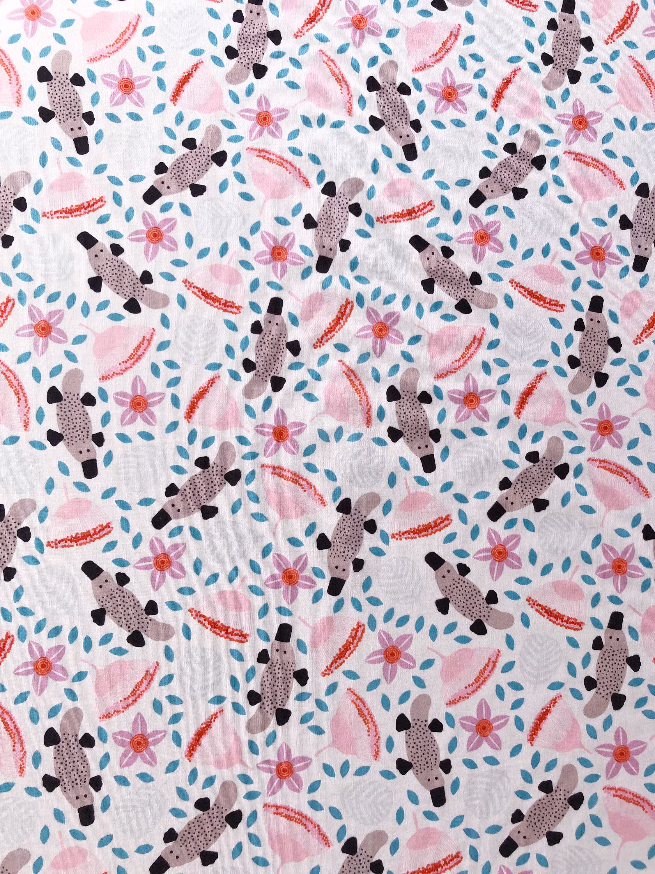 Baby Platypus & Gum Flowers White Floral Quilting Cotton Fabric By 1/2 Yard, Fat Quarter Fabric, Australian Native Animal