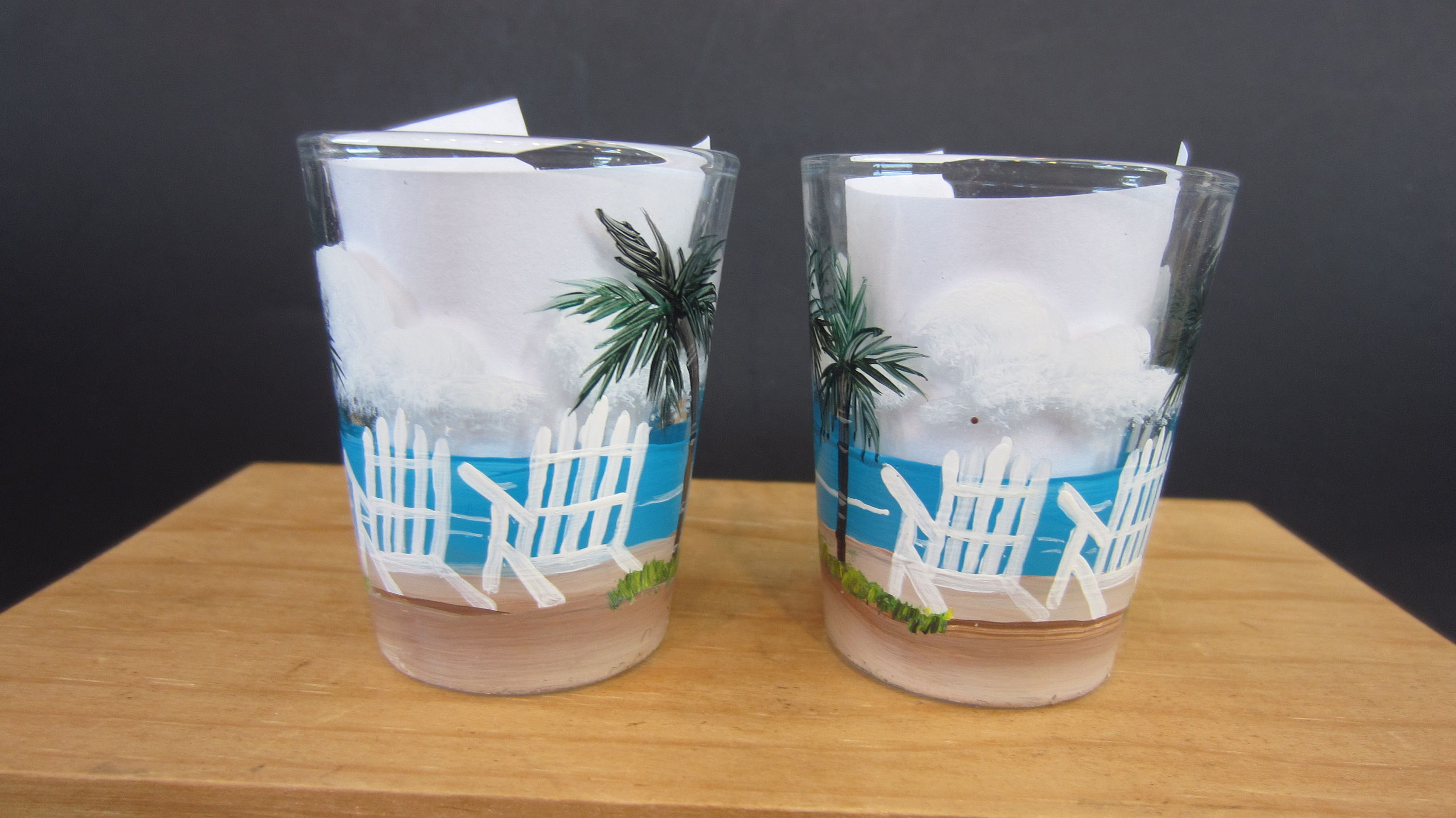 2 Beach Chair & Palm Tree Shot Or Shooter Glasses Tropical Scene Hand Painted You Are Buying Glasses
