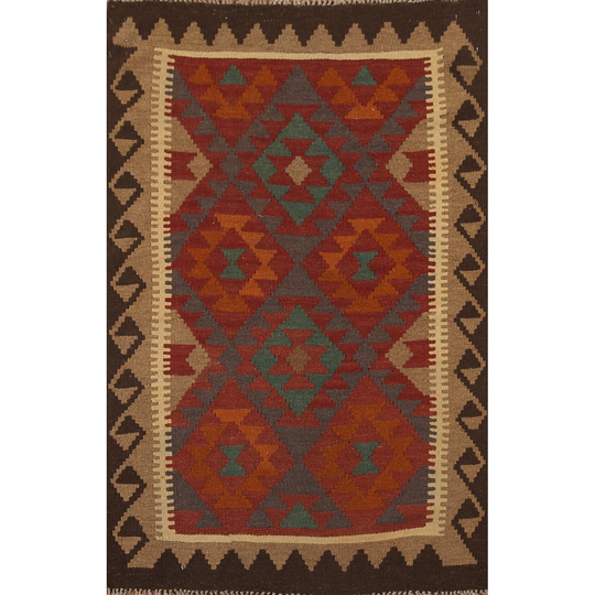 Geometric Kilim Reversible Rug Hand-woven Multi-Color Wool Carpet - 3'4" x 4'10"