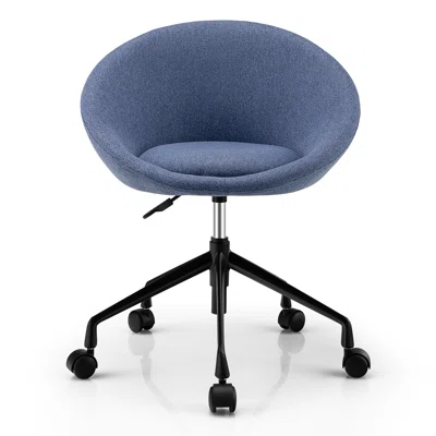 Ebern Designs Adjustable Swivel Accent Chair Linen Office Chair Round Back Vanity Chair Blue
