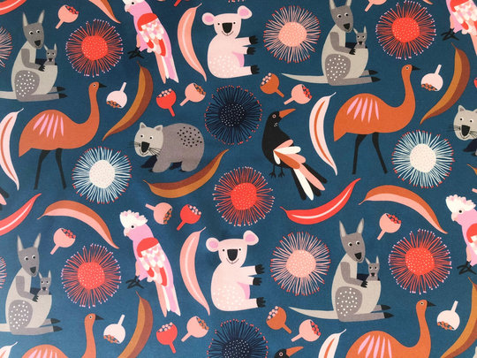 Australian Animal Bird & Gum Flora Blue Quilting Cotton Fabric By 1/2 Yard Or Fat Quarter, Kangaroo Wombat Galah Koala Emu