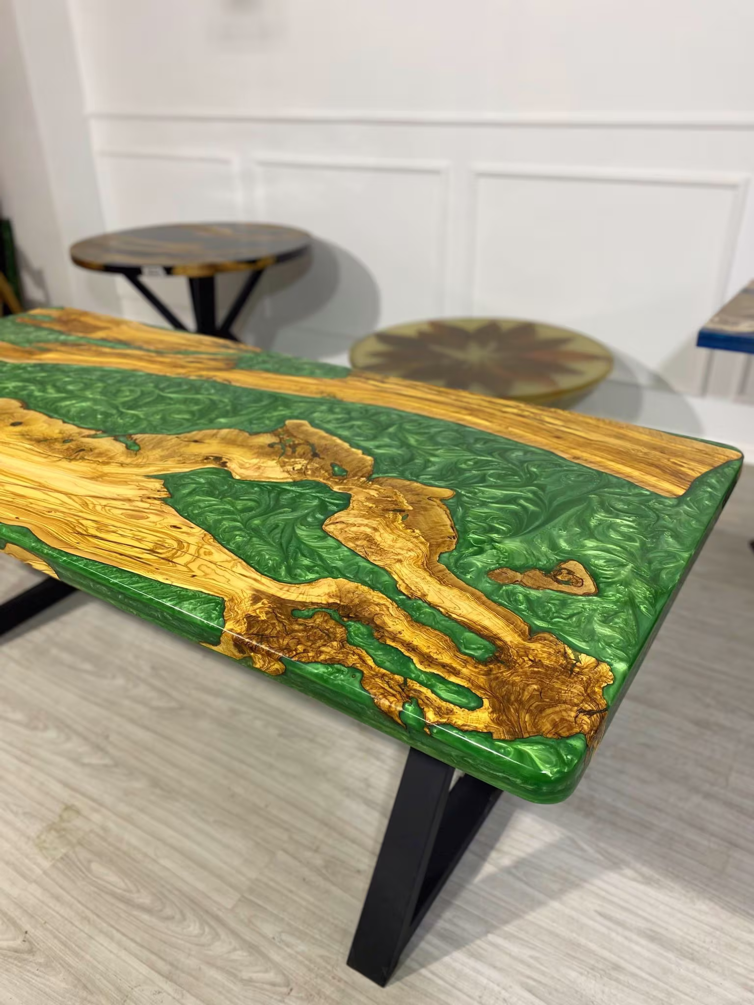Epoxy Resin Table, Custom 80" X 36" Olive Emerald Green River Dining Live Edge Wood Order For Kerry