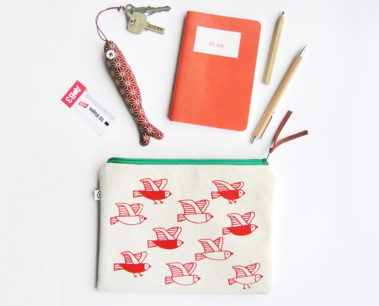Makeup Bag With Zip Original Birds Pattern Hand Screenprinted. Use This Cotton Small Zipper As A Cosmetic Bag, Wallet, Pencil Case