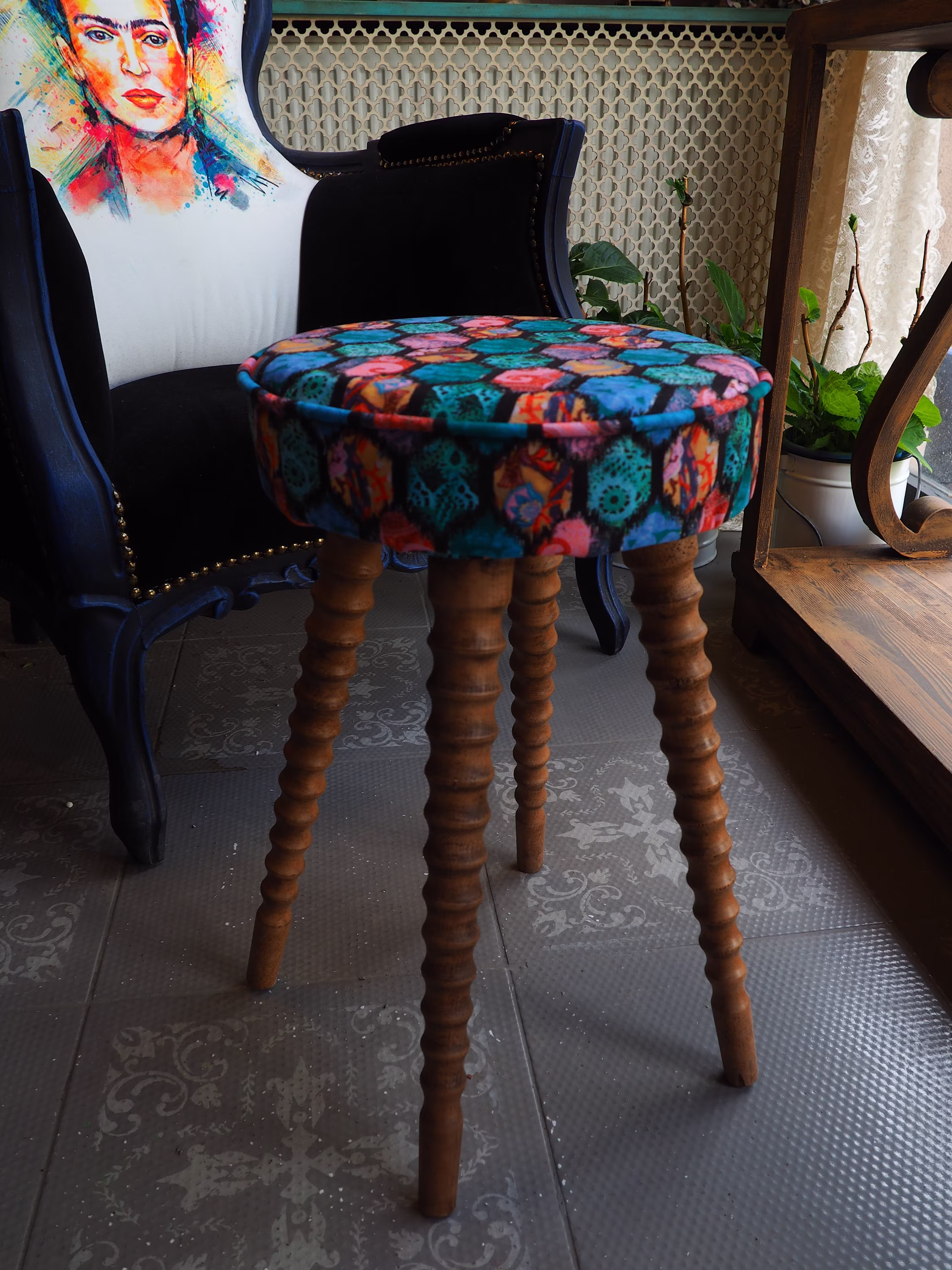 Turkish Velvet Fabric Wooden Leg Decorative Pouffe-Ottoman Chair-Turkish Pouffe-Moraccan Pouf-Ethnic Furniture-Vintage Pouff