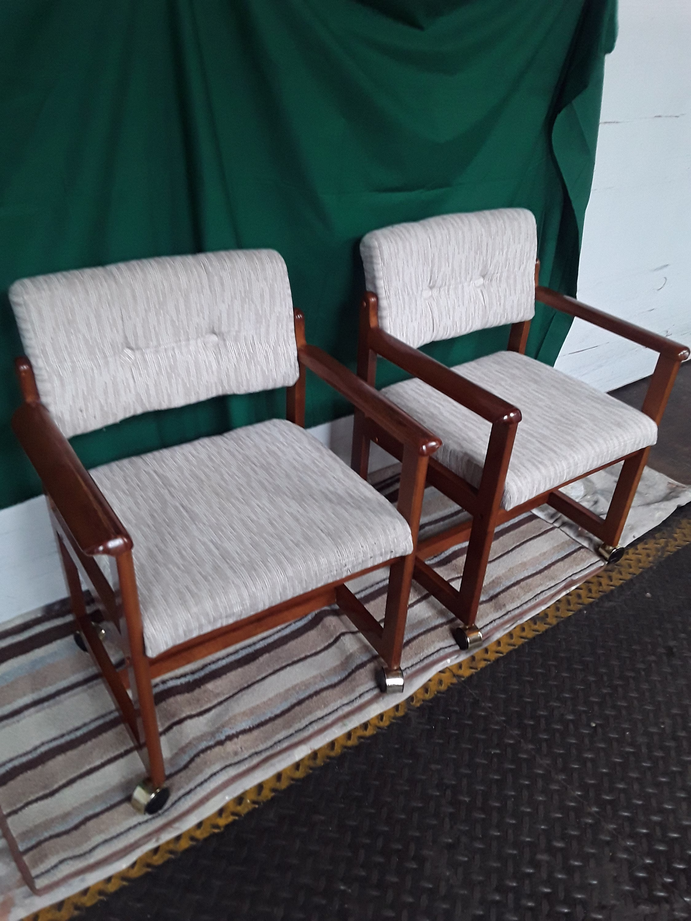 100 Dollars Down Mid Century Modern Occasional Lounge, Accent Or Office Walnut Chairs With Casters - A Pair