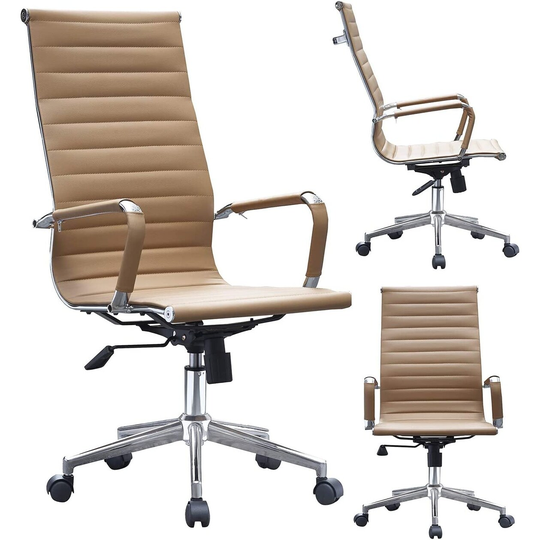 High Back Office Chair Ribbed PU Leather For Conference Room Task Executive Desk Work Manager Adjustable Swivel
