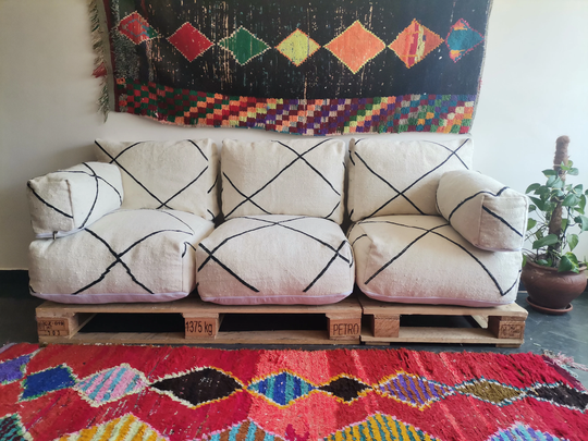 Moroccan Floor Cushion 3 Places Sofa Salon -Unstuffed Seats Cushions + Back 6 Zipped Insert Bags For Stuffing