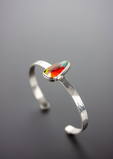 Hard Candy | Brightly Colored Orange & Red Fused Glass Sterling Silver Cuff Bracelet Minimalist