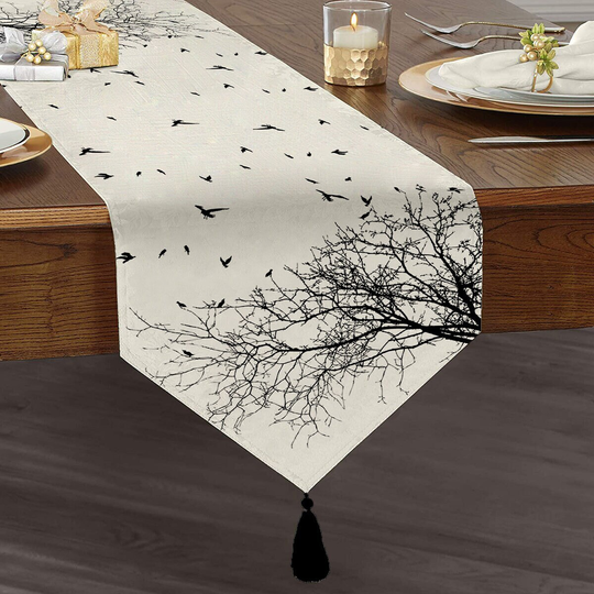 Tree & Bird Print Table Runner|Tasseled Chenille Runner|Triangle Runner|Decorative Tablecloth|Kitchen Decor|Printed Runners