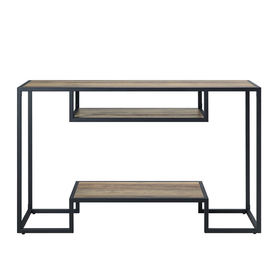 Console Table in Rustic Oak & Black Finish KD 2 Storage Shelves Included Metal Frame,Console Table