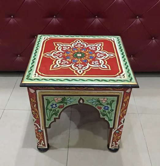 17'' Red Square Wooden Coffee Table, Moroccan French Handmade Hand Painted Coffee&tea Table