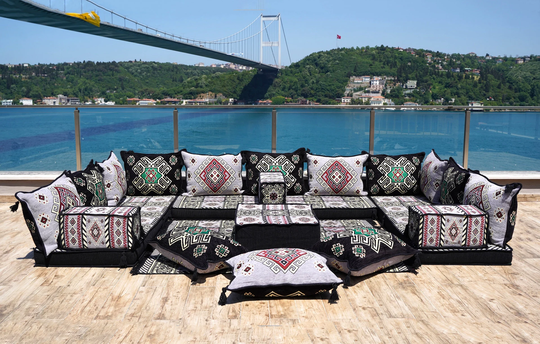 U Shaped Arabic Floor Sofa Set, Gray Cushions, Balcony Patio Sofas, Pallet Sofa, Ethnic Moroccan Sectional Poufs