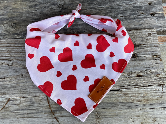 Dog Bandanas, Red Hearts Bandana Traditional Tie Personalized Leather Name Tag Over Collar, Pet Accessories