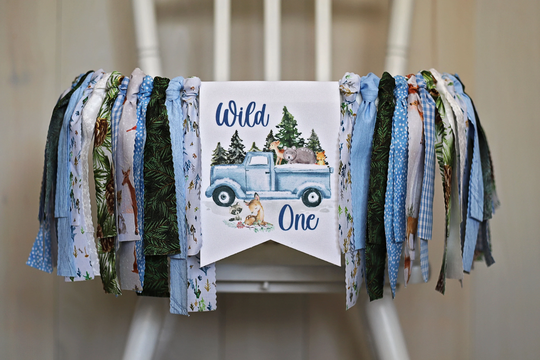 Winter Woodland Animal Truck High Chair Banner, Animals Blue 1st Birthday, Forest Birthday Banner