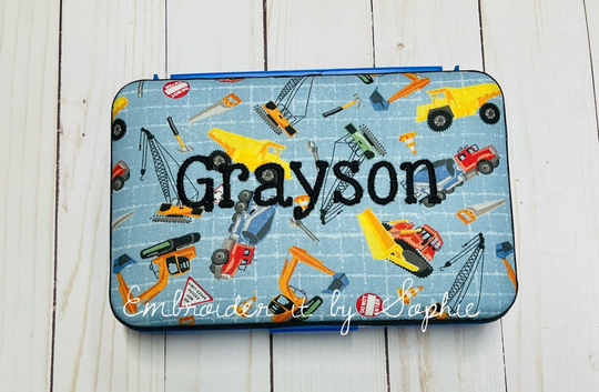 Personalized Kids School Pencil Box Case/Art Supplies Sticker Box/Crayon Storage Container/Construction Trucks Vehicles/Dump Truck