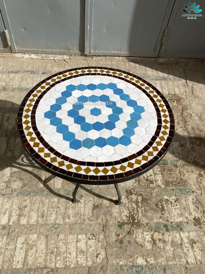Mosaic Table Garden Made From Tiles, Round For Indoor & Outdoor 100% Handcrafted, Mid Century Art Table