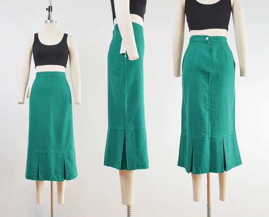 Green Pencil Skirt | 80S Vintage Wool Midi Length Pleated Wiggle Size Small 26 Waist
