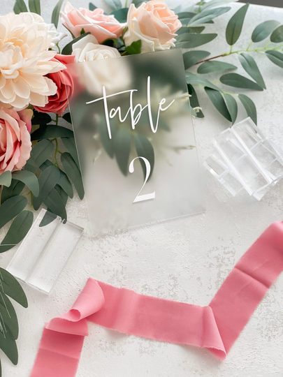 Acrylic Table Numbers, 5"x7" With Stands, Seating Arrangement, Modern Decor, Clear, Frosted, Painted Back, Custom, Script - Fern