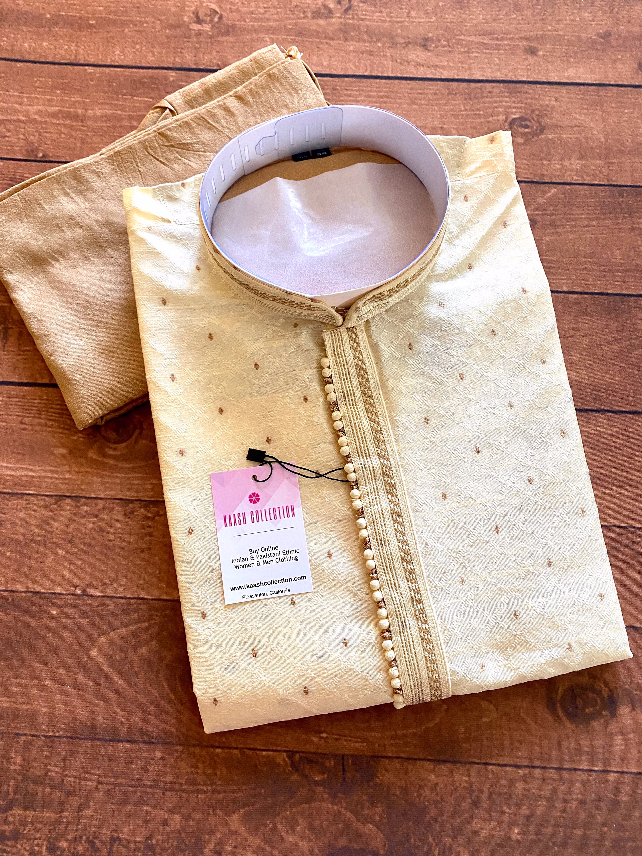 Cream Color Soft Silk Men Kurta Pajama With Self Design Material Small Zari Weave Butti | Mens Ethnic Wear Kaash Collection