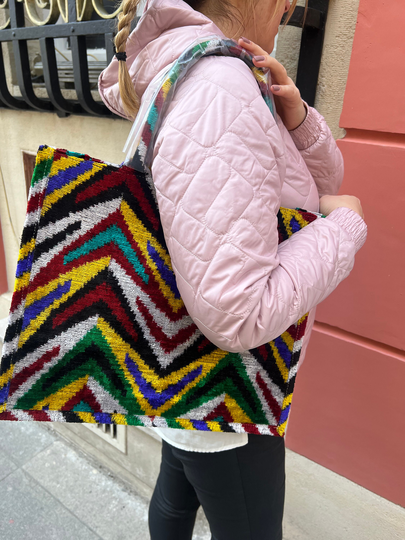 Multi Color Cevron Velvet Ikat Book Tote Bags - Rainbow Uzbek Handwoven Silk Fabric Big