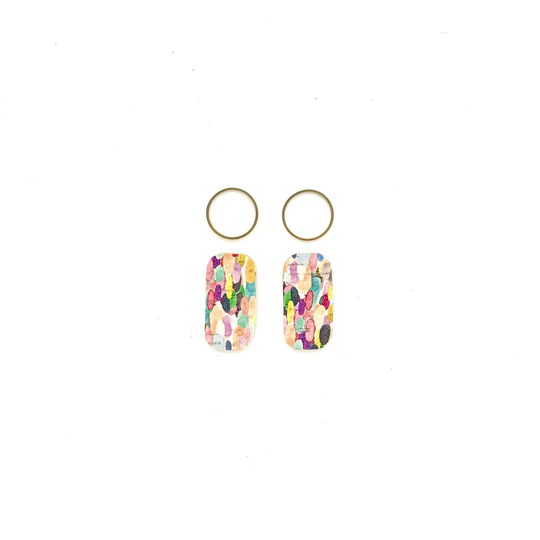 New Colorful Confetti Print Cork On Leather Tiny Barrel Rounded Rectangle Brass Circle Cut-Out Teardrop, Earring Blanks, Pre Die Cut Shapes